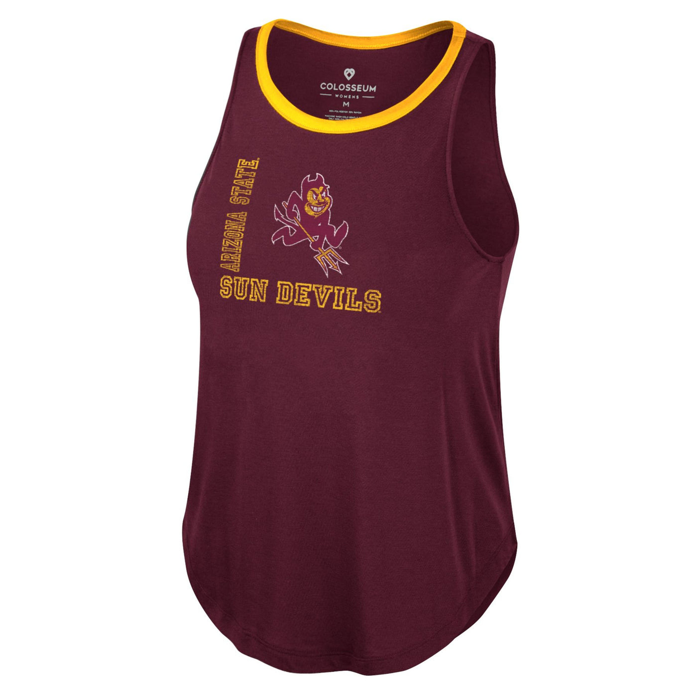 ASU maroon women's tank with gold trim around the neckline. there is a sparky mascot on the center of the chest. on the left of the mascot is the vertical gold outline of the text 