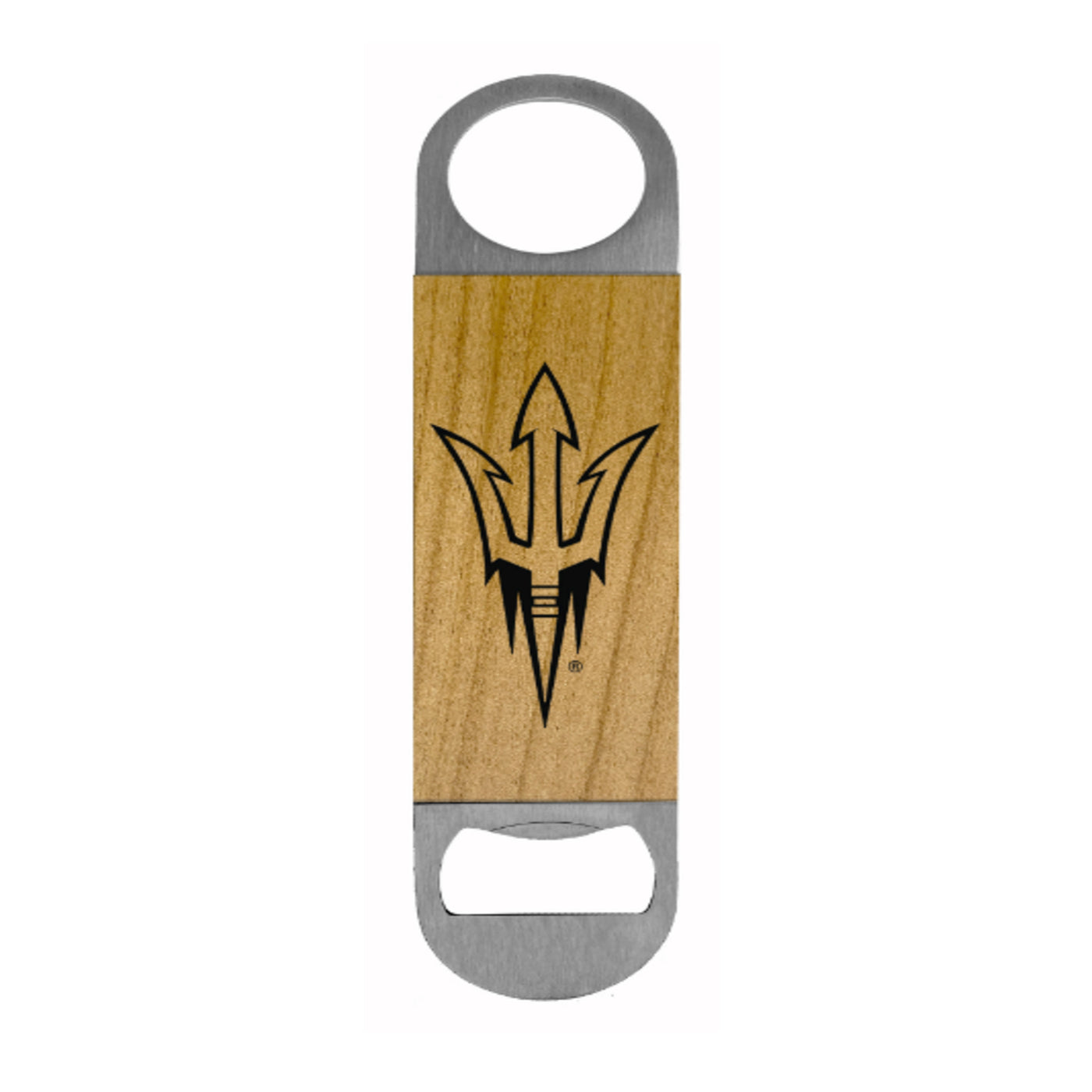 ASU metal bottle opener with a wooden center with a pitchfork image on the front