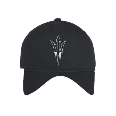 ASU black adjustable hat with a white outlined pitchfork