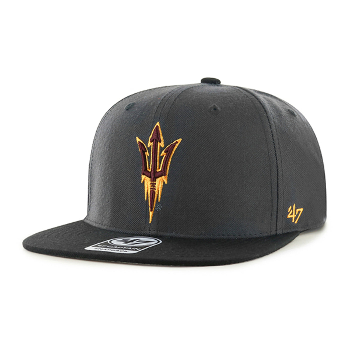 ASU gray and charcoal snapback hat with a maroon pitchfork with a gold outline from 47brand