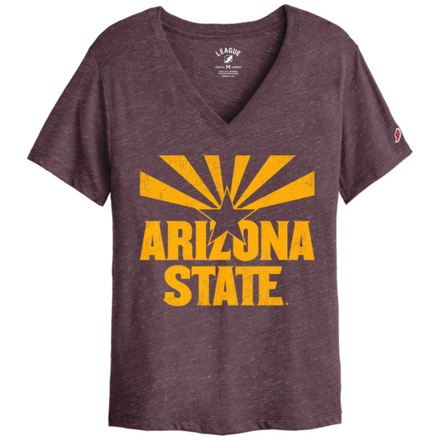 ASU v-neck maroon shirt with Gold Arizona state flag outline above the text 