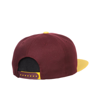 Back of snapback hat with maroon shell, gold bill, and a plastic adjustable snap strap