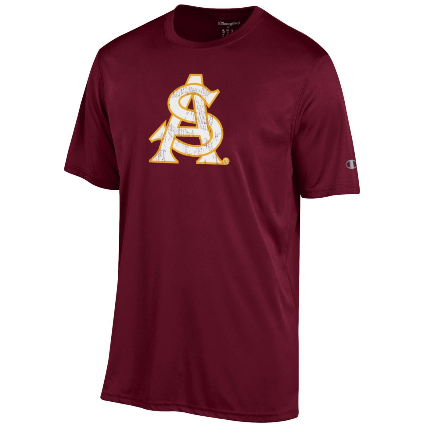 ASU maroon athletic tee with a white and gold interlocking 'A' and 'S' symbol on the chest