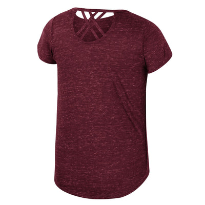 Backside of ASU youth girls t-shirt with a small geometric cut out by the neckline.