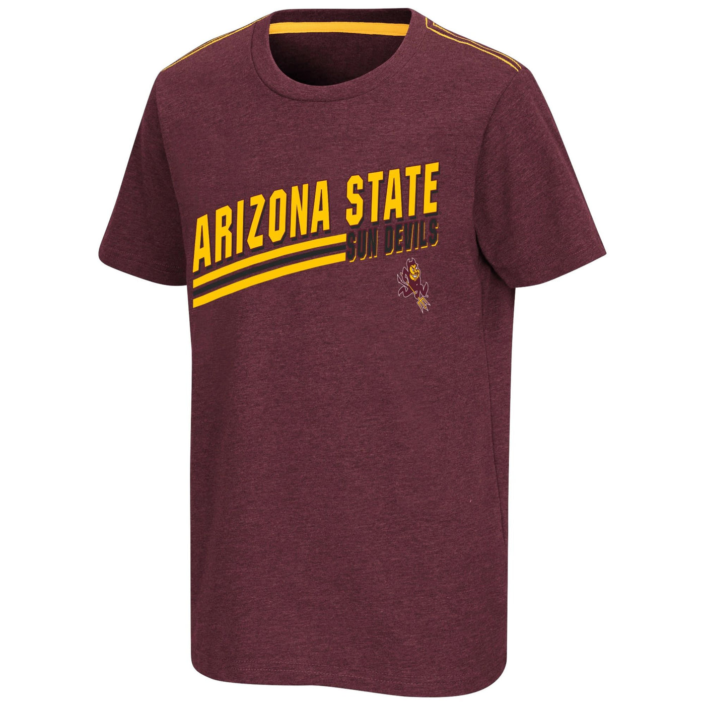 ASU maroon tee with Arizona state sun devils written diagonally across chest above a sparky. 