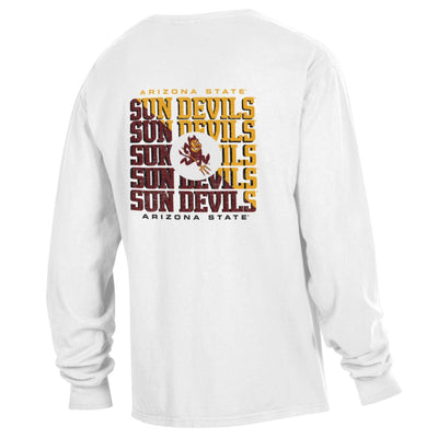 ASU white long sleeve with 'Arizona State' above repeating 'Sun Devils' text with Sparky in the middle