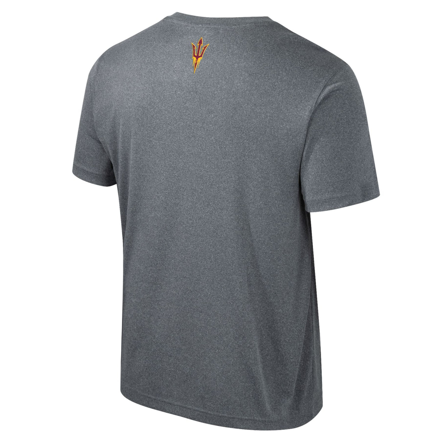 Backside of ASU grey shirt with a small pitchfork logo on the neckline.