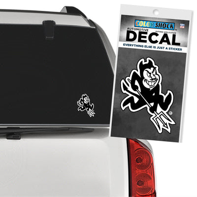 ASU Sparky decal in black with white outline and a black border on the back of a vehicle