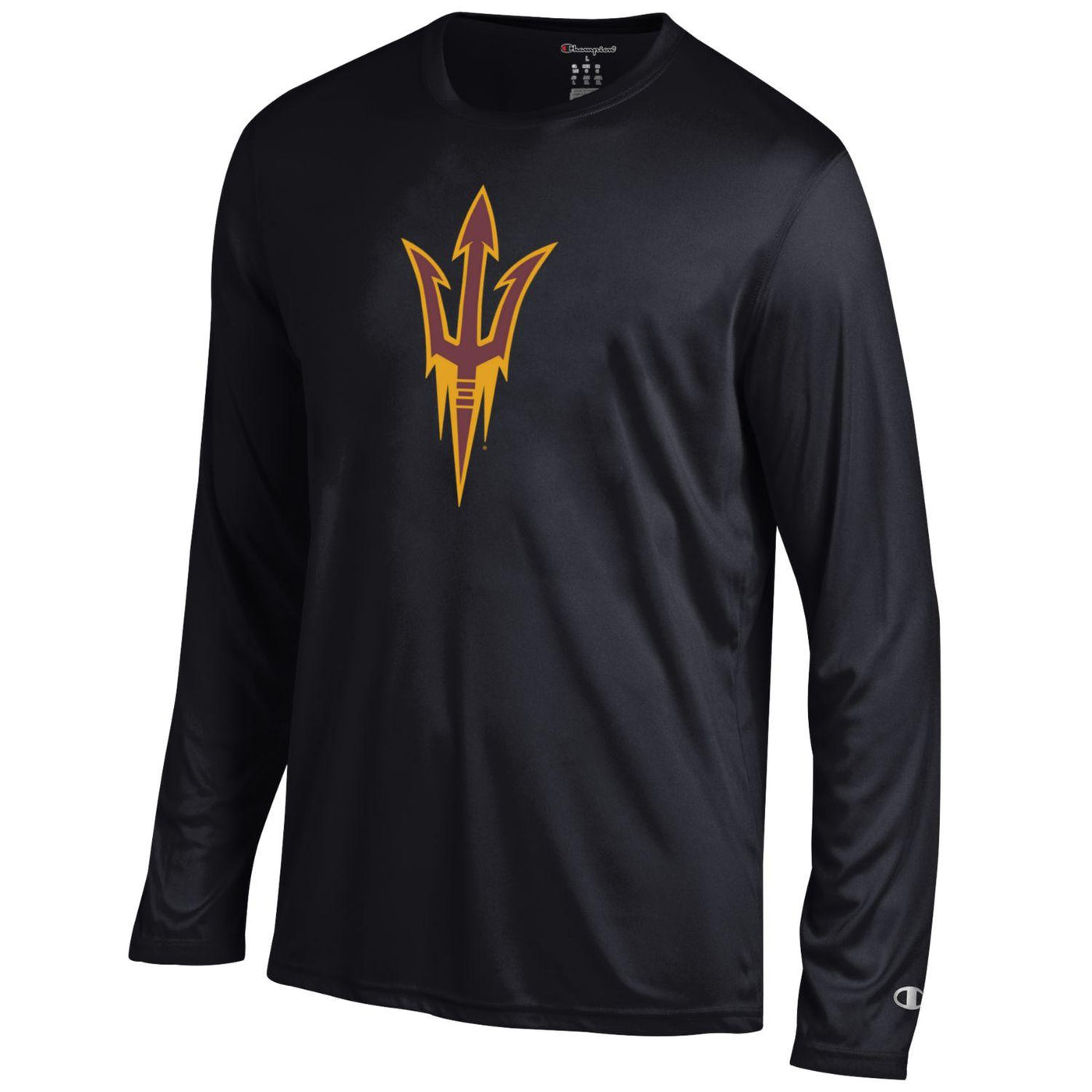 ASU black athletic long sleeve tee with pitchfork in maroon and gold