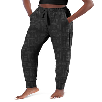 ASU black joggers with gray ASU designs repeating all over the joggers