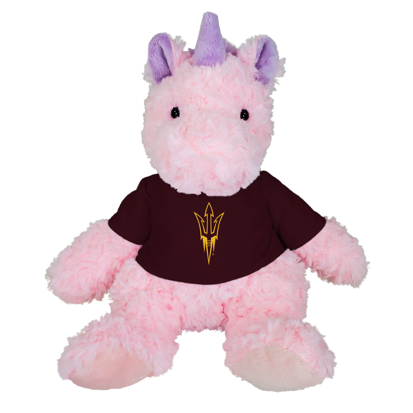 ASU pink and purple unicorn wearing a maroon shirt with a gold pitchfork outline. 