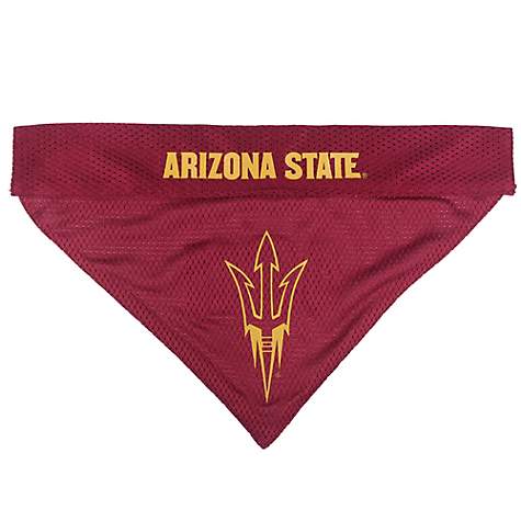ASU reversible dog bandana with maroon mesh collar saying 'Arizona State' and a maroon bandana with pitchfork