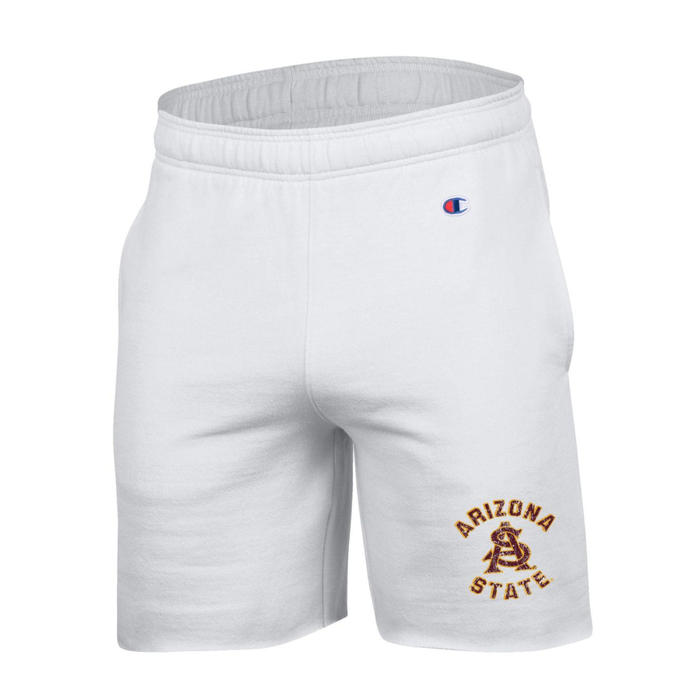 ASU white fleece Champion shorts with Arizona State lettering around an interlocking 'A' and 'S'