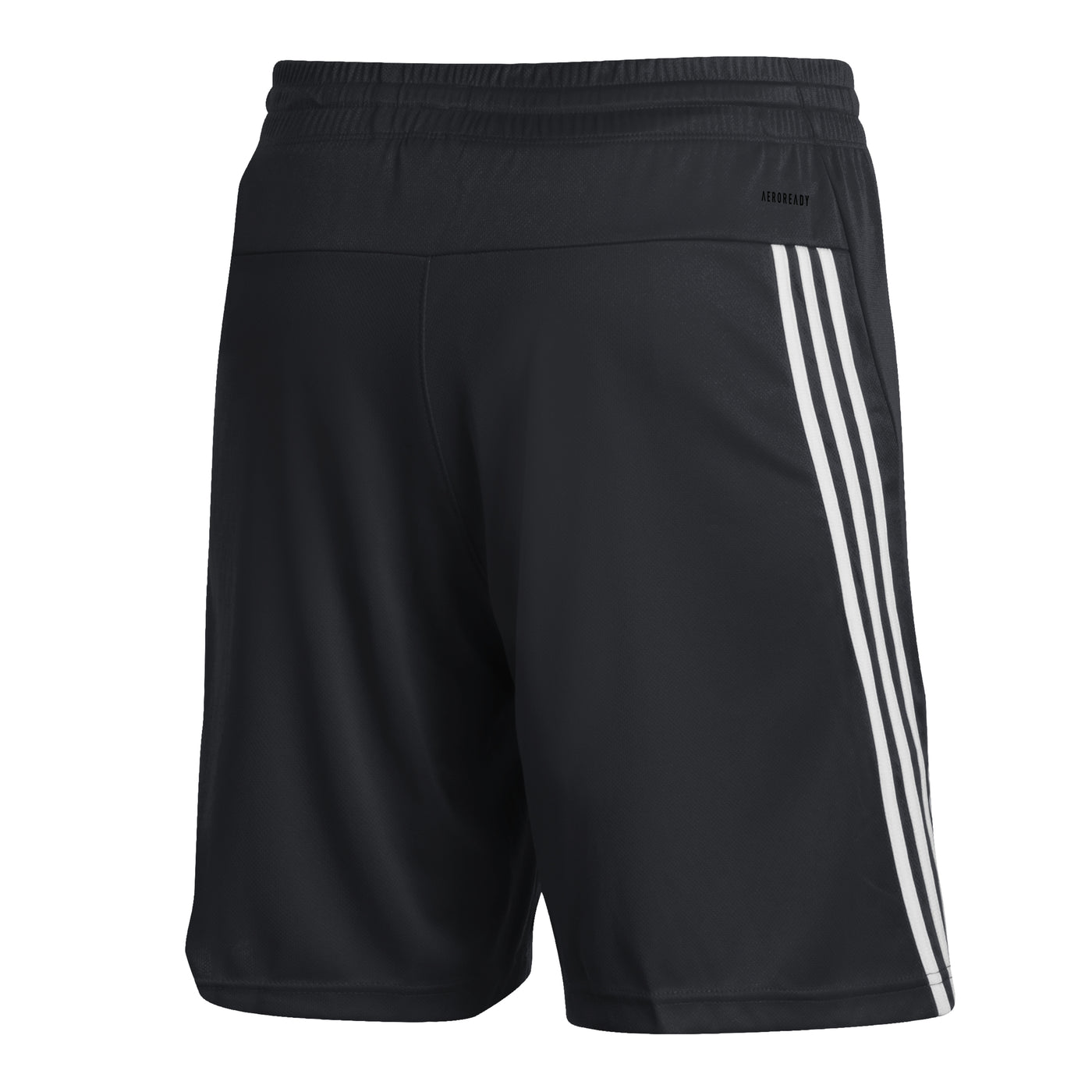 Back view of black shorts with 3 white stripes on left leg