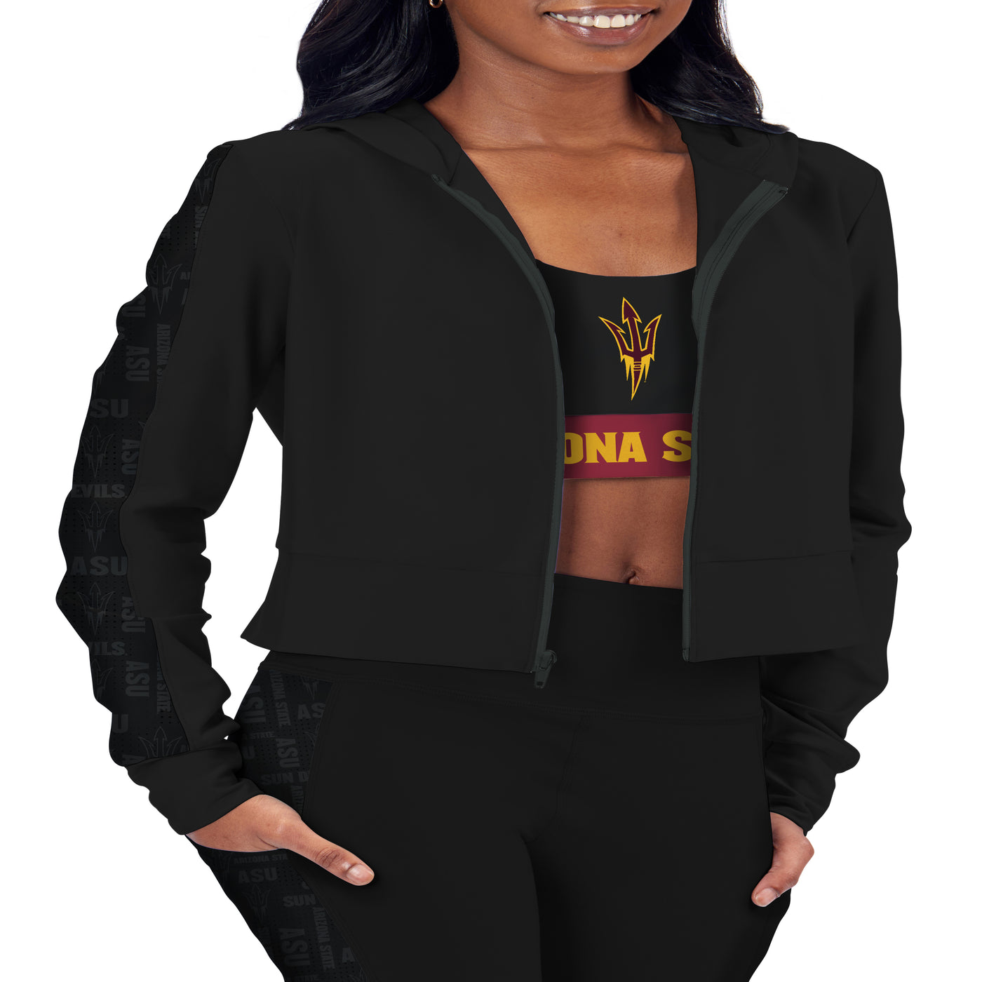 Frotn view of ASU black crop full size hoody with panels down the arm with repeating 'ASU' designs