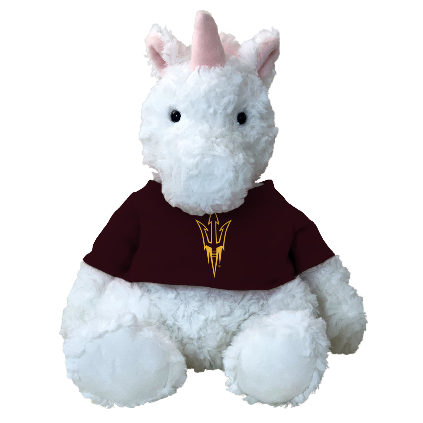 ASU Stuffed white unicorn wearing a maroon shirt with a gold pitchfork logo. the ears, mane, and horn of the unicorn are all pink. 