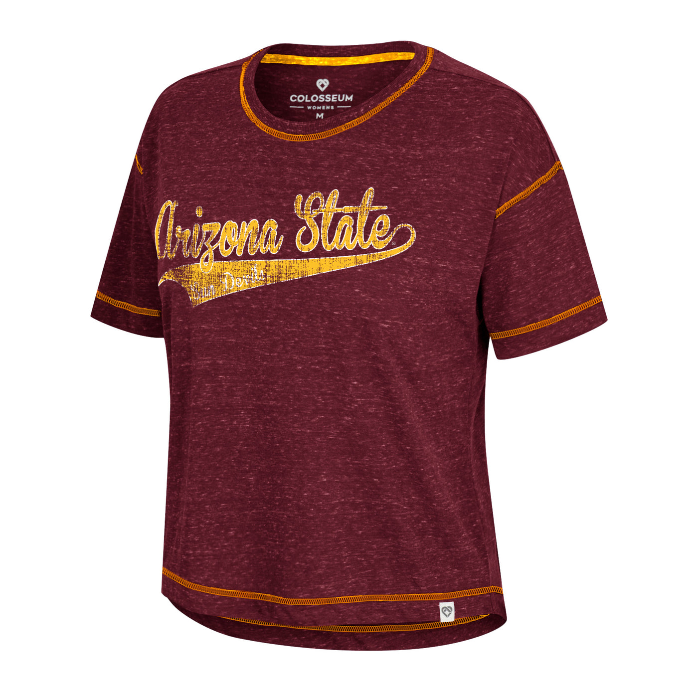 ASU heather maroon crop tee with 'Arizona State' lettering in gold cursive and gold stitching