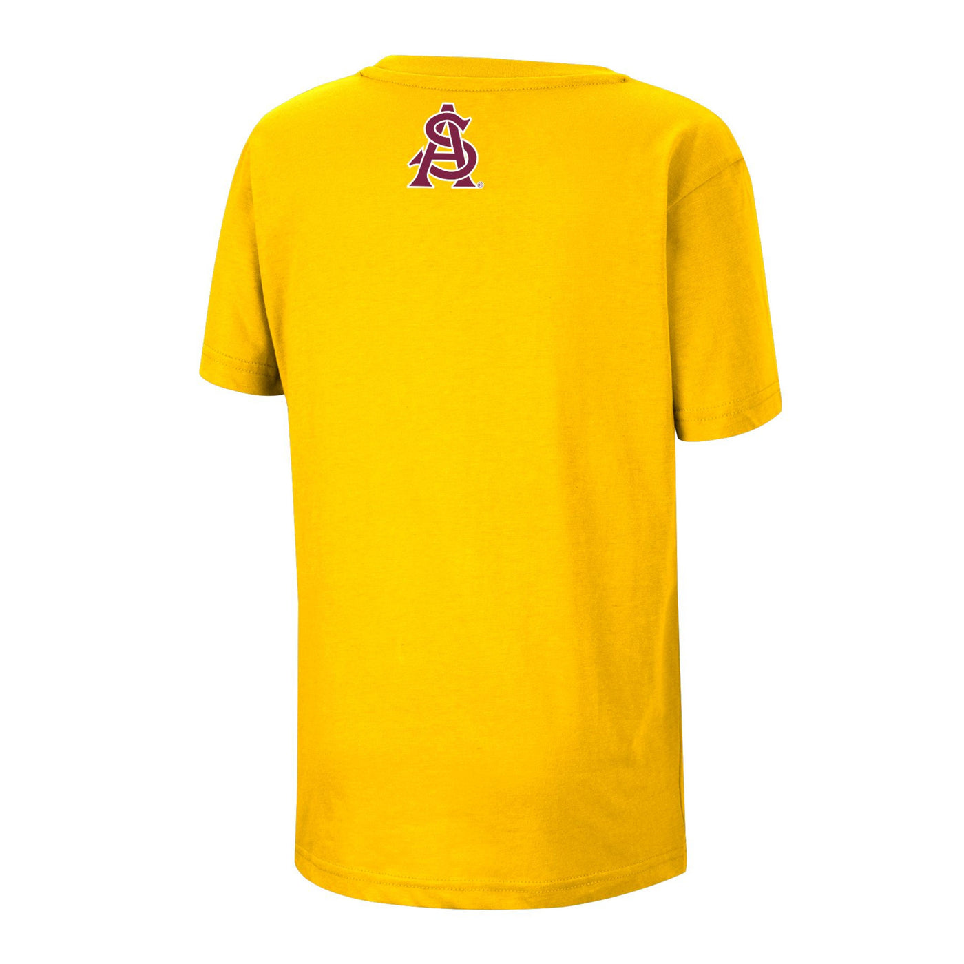 ASU gold youth tee with an interlocking 'A' and 'S' below the collar
