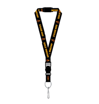 ASU lanyard in black with gold ' Sun Devils' lettering  and pitchfork repeating with a buckle key chain attachment