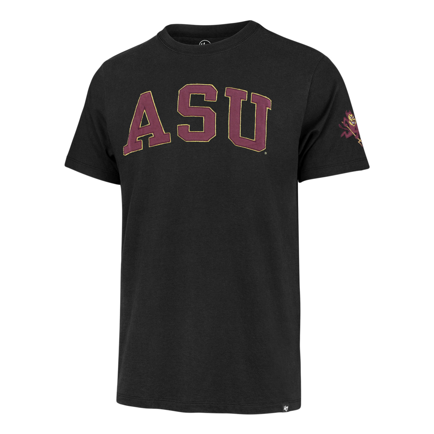 ASU black tee with 'ASU' lettering sewn into the front and a Sparky on the sleeve