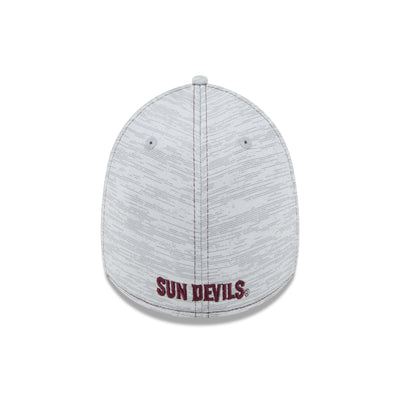 Backside of grey heathered hat. Has "Sun Devils"  maroon embroidered text on the bottom back. 