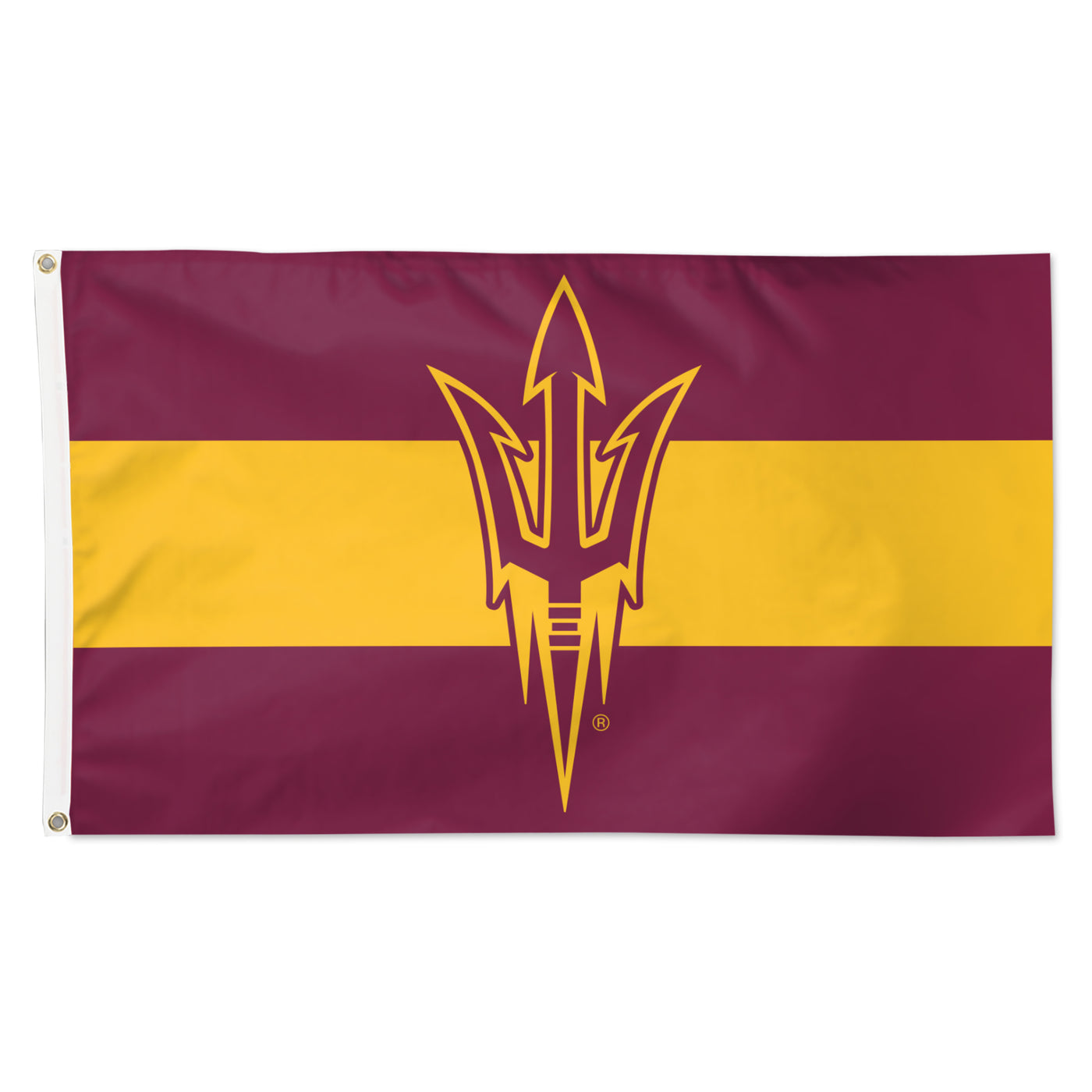 ASU maroon and gold striped flag with maroon and gold outline pitchfork logo in the center. 