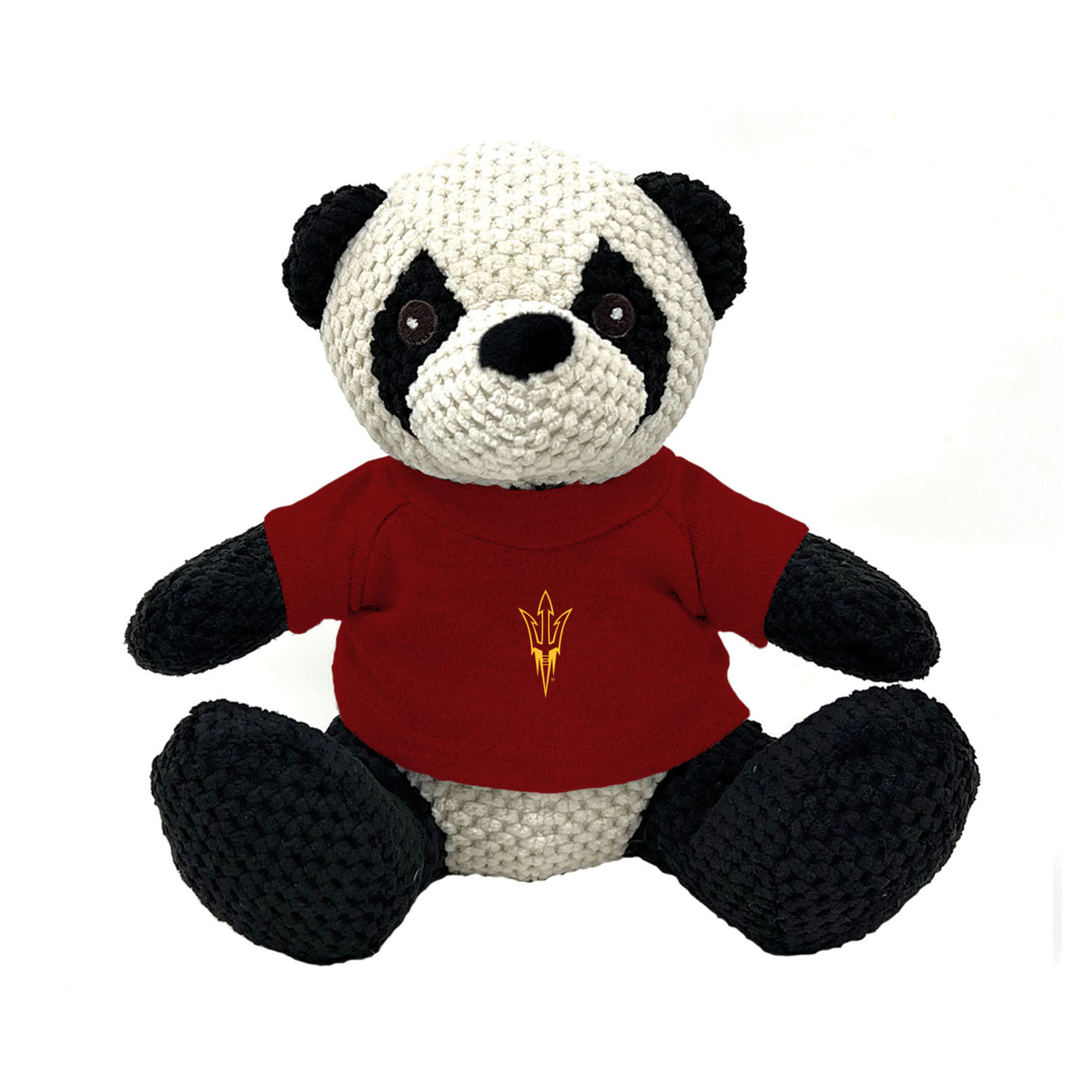 ASU black and white panda with mock crochet design wearing a maroon tee shirt with a gold outlined pitchfork  on the front