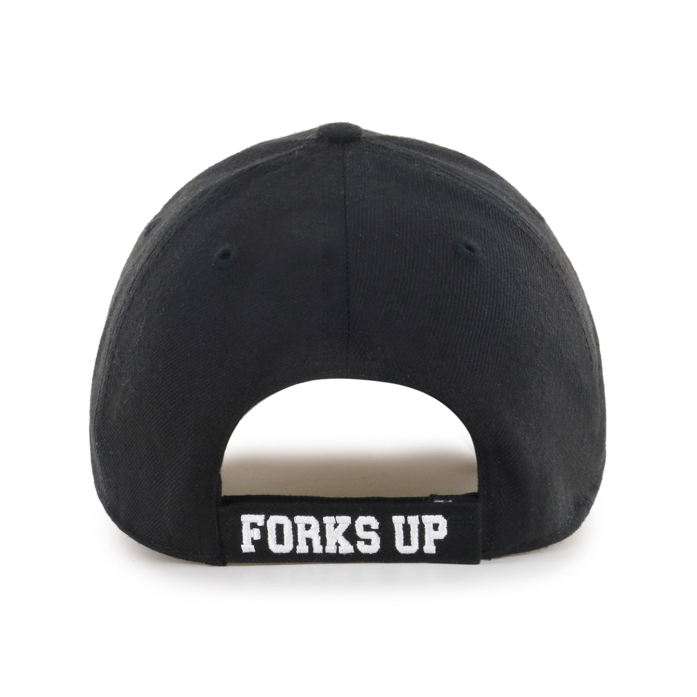 Back of ASU black adjustable hat with 'Forks Up' lettering on the adjustable strap
