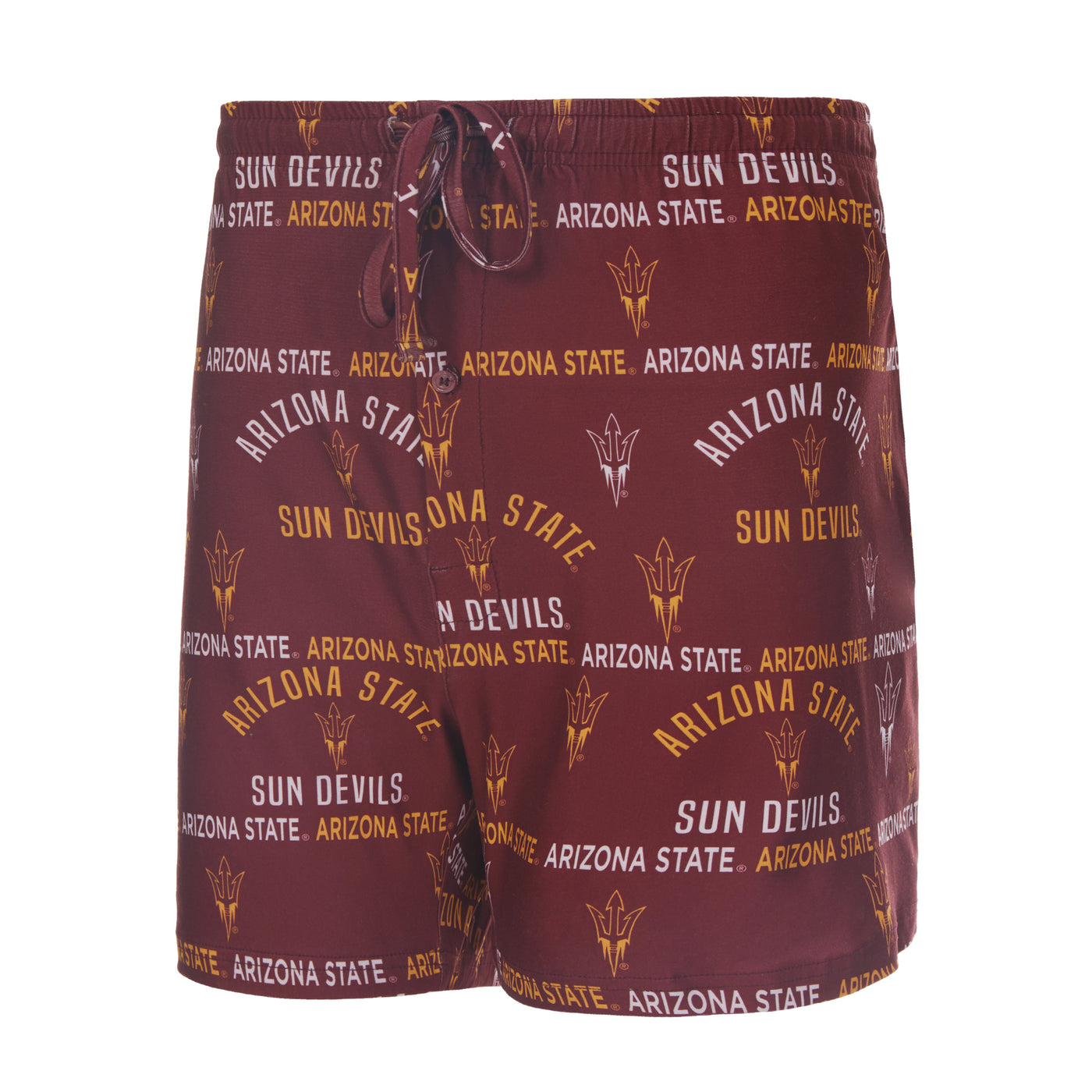 ASU maroon shorts with a drawstring and 'Arizona State' repeating designs and repeating pitchforks 