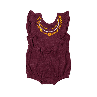 ASU maroon heather ruffle onesie with a bow in the center and a necklace print design on the neck line