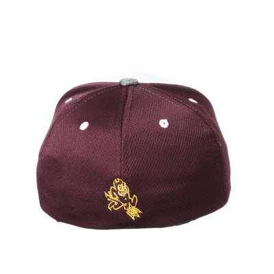 Back view of toddler stretch fit hat with maroon back panels and an embroidered gold sparky near the base