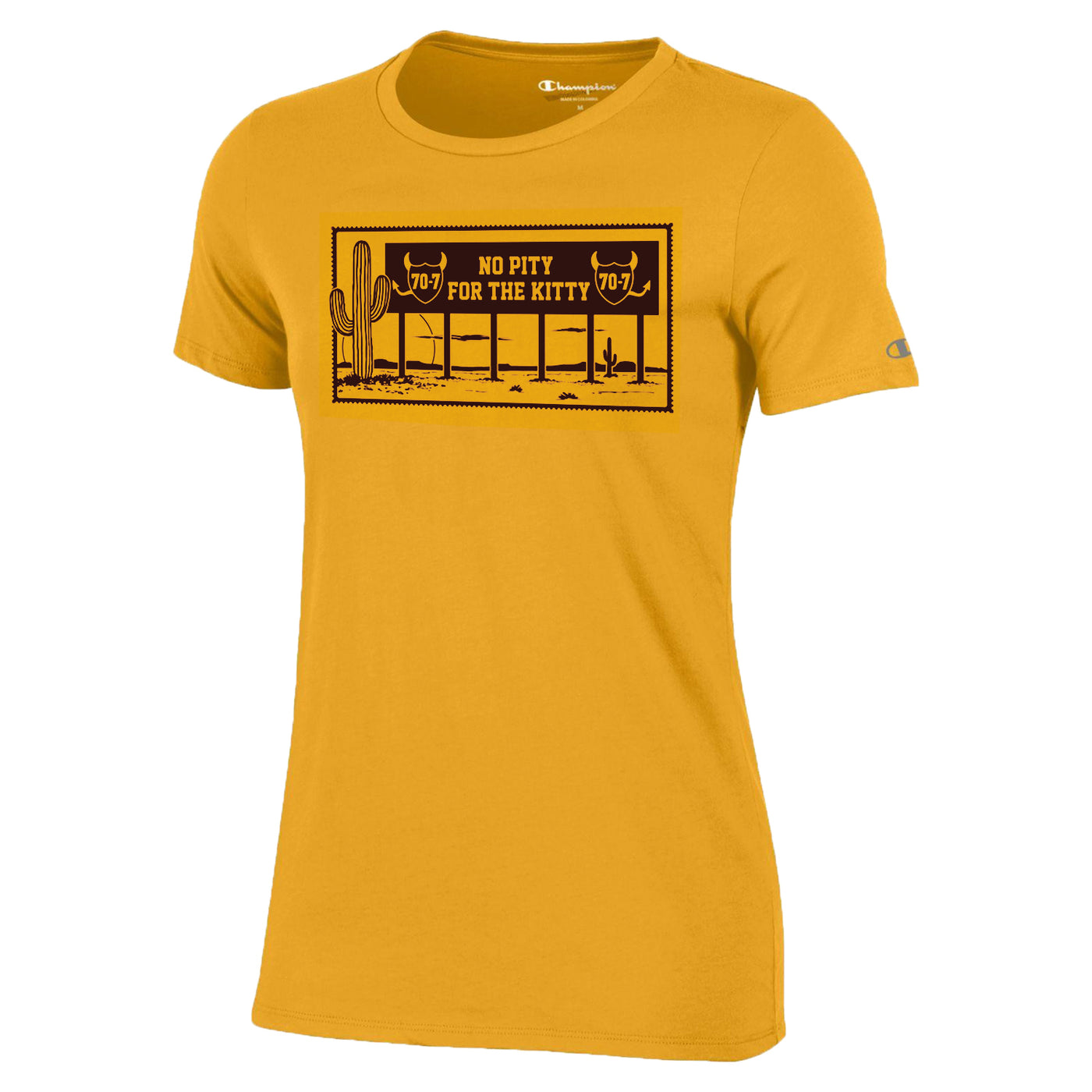 ASU women's gold tee with rectangle image of billboard showing '70-7' and 'No Pity For The Pity' in a desert setting