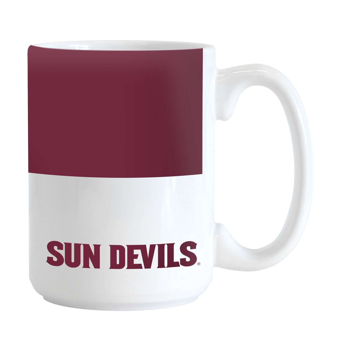 Back of ASU white mug with a maroon stripe at the top and 'Sun Devils' lettering at the base