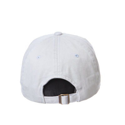 Shows the back of a gray hat with an adjustable strap.