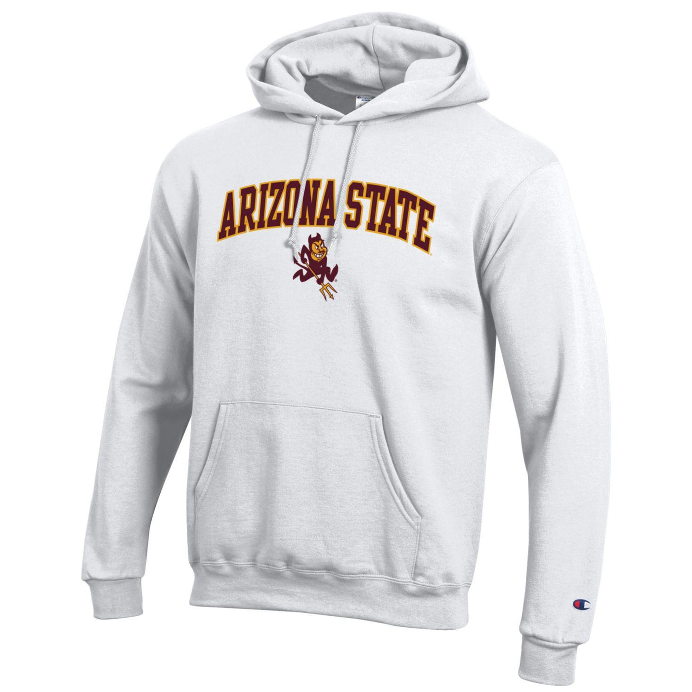 ASU white Champion hoody with single front pocket and 'Arizona State' arched over Sparky