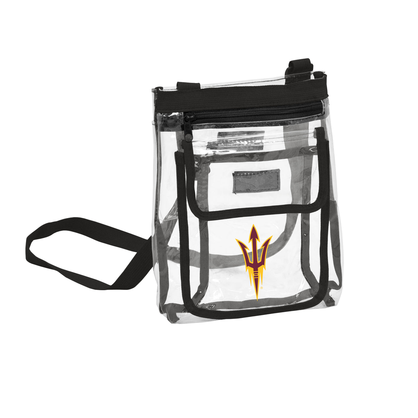 ASU clear bag with black fabric outline and a pitchfork on the front pocket