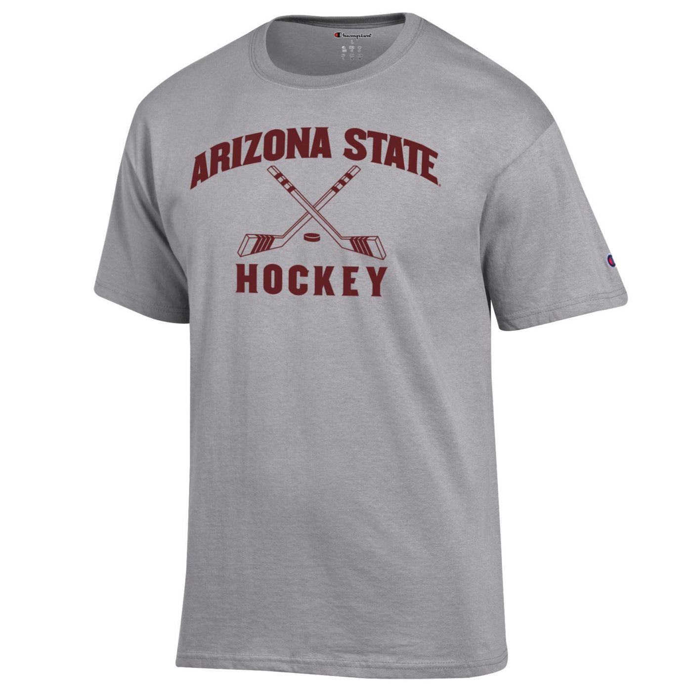 ASu gray tee with 'Arizona state Hockey' lettering surrounding to hockey sticks crossed over a puck