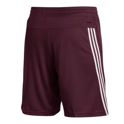 Back view of ASU maroon men's shorts with 3 white diagonal lines on the sides