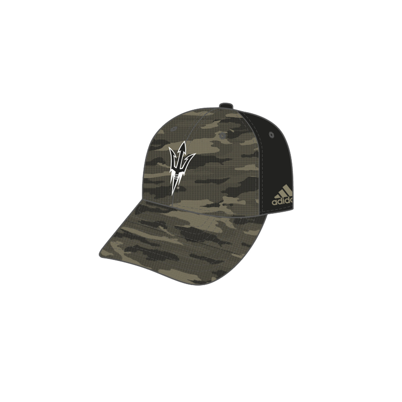 ASU camo stretch fit hat with 4 black panels on the back and a white outlined pitchfork on the front