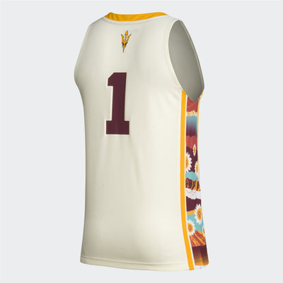 Back view of ASU cream basketball Jersey with a pitchfork above the number 1 on the upper back and gold lines