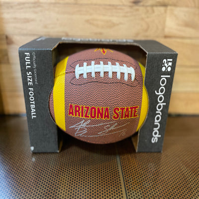 ASU full sized football with Jake Plummer's autograph in silver Sharpie under 'Arizona State' print