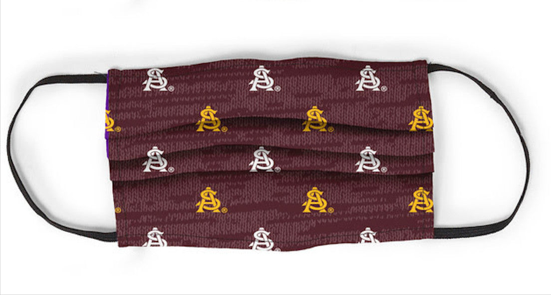 ASU maroon mask with interlocking 'A' and 'S' in gold and white repeating pattern