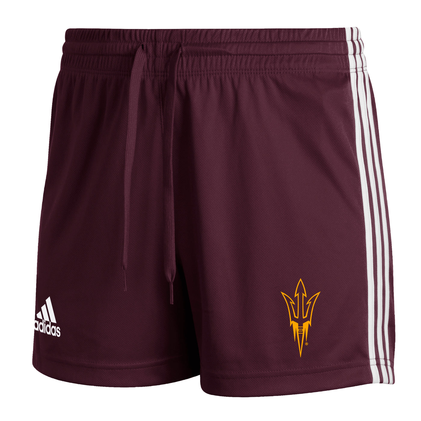 ASU maroon women's shorts with 3 white stripes down the sides and a gold pitchfork outline on the leg and a maroon drawstring