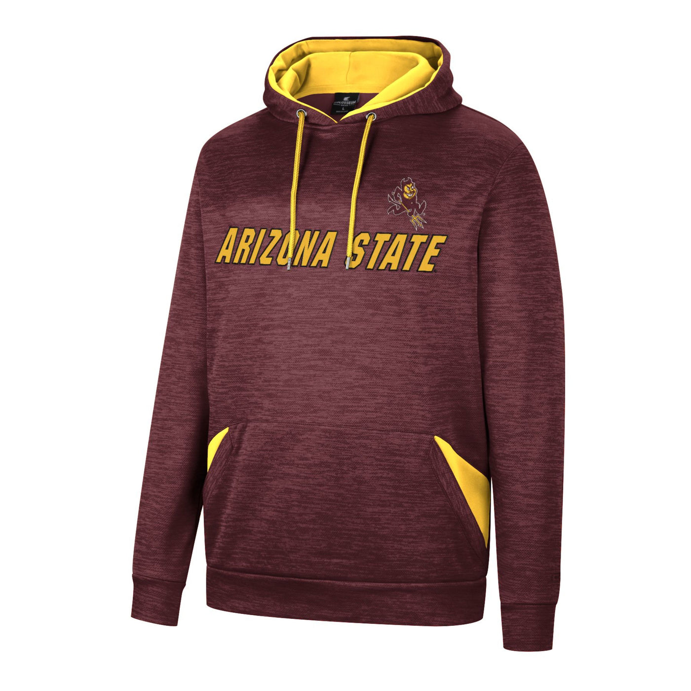 ASU maroon hoodie with gold inside the hood, the pockets, and the drawstring