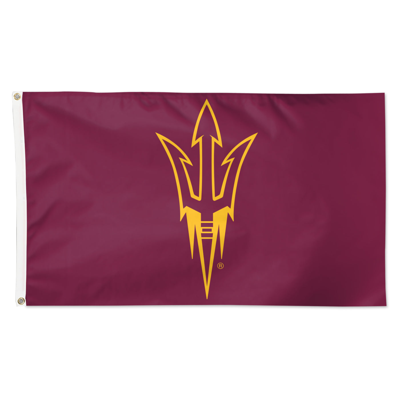 ASU maroon flag with gold outline of a pitchfork in the center. 