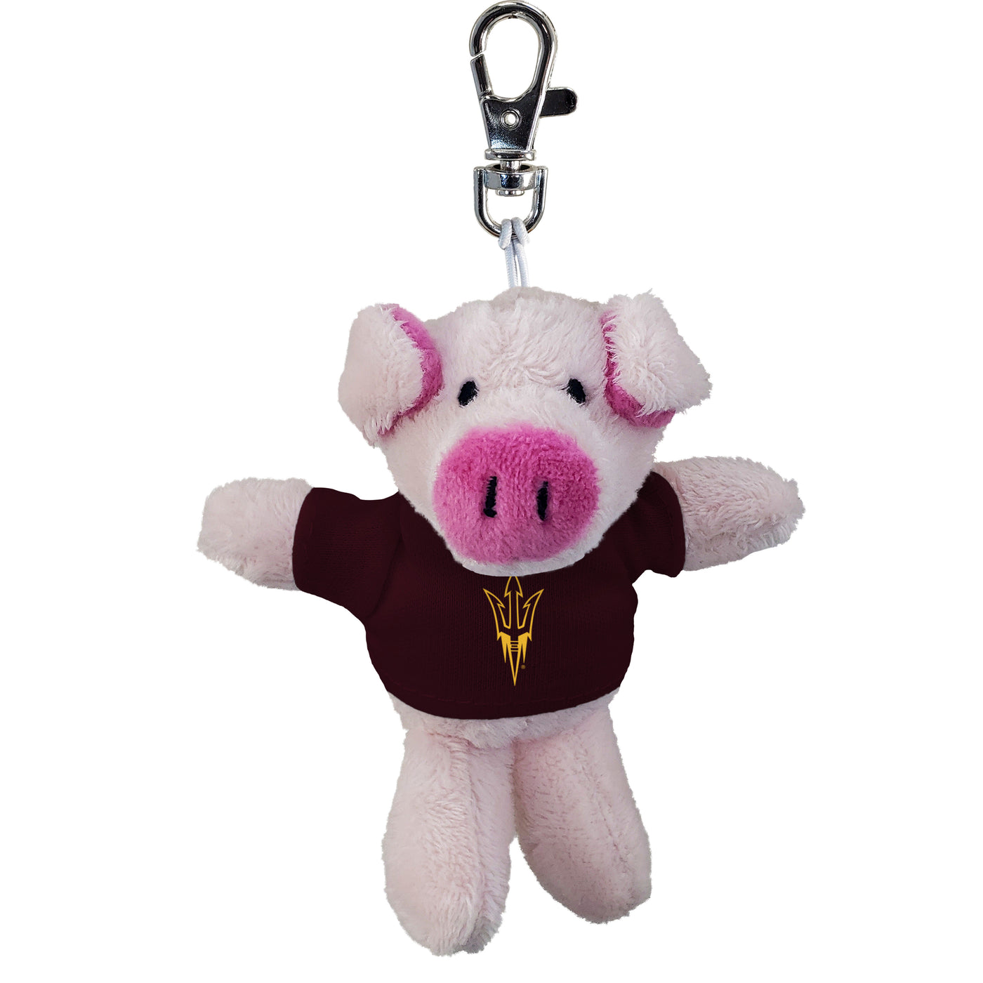 ASU stuffed pink pig keychain wearing a maroon shirt with a gold pitchfork logo. 