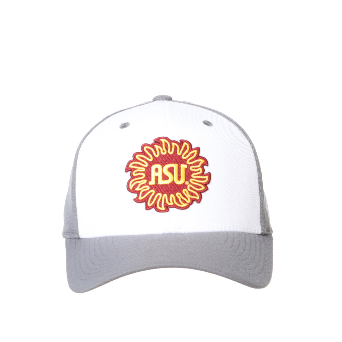 ASU structured gray hat with 2 white front panels and a maroon and gold sunburst patch with 'ASU' in the middle