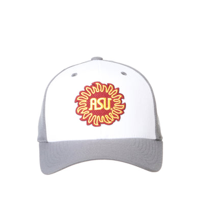 ASU structured gray hat with 2 white front panels and a maroon and gold sunburst patch with 'ASU' in the middle