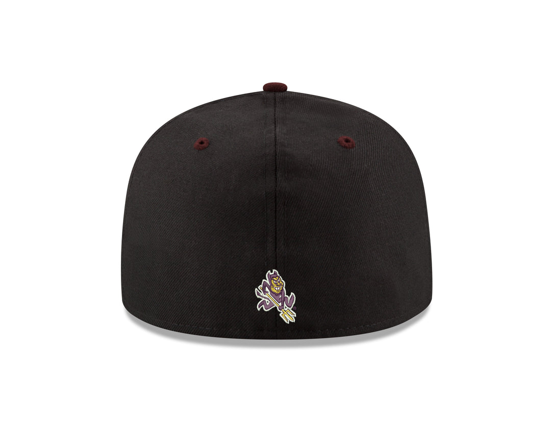 Back view of ASU back fitted hat with an embroidered Sparky at the base