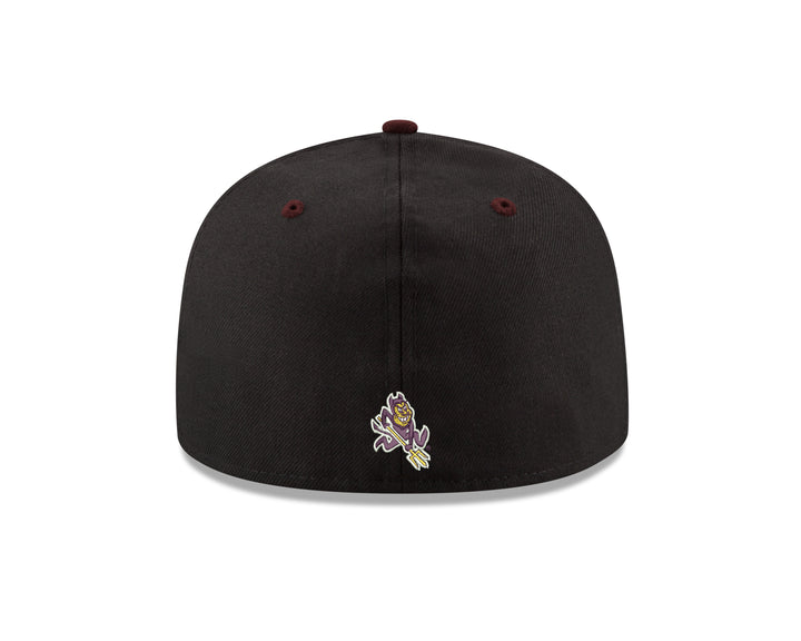 Back view of ASU back fitted hat with an embroidered Sparky at the base
